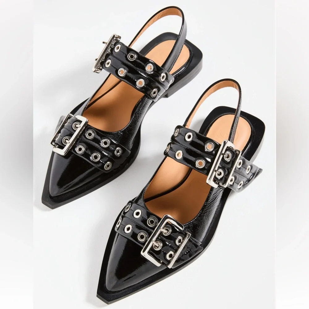 GANNI black feminine buckle ballerina flats - Picture 1 of 9